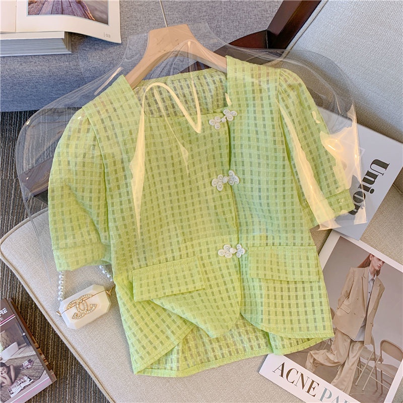 Áo Sơ Mi Ngắn Tay Cổ Vuông Họa Tiết Kẻ Ô Thiết Kế Mới Thời Trang Mùa Hè Theo Phong Cách Trung Hoa