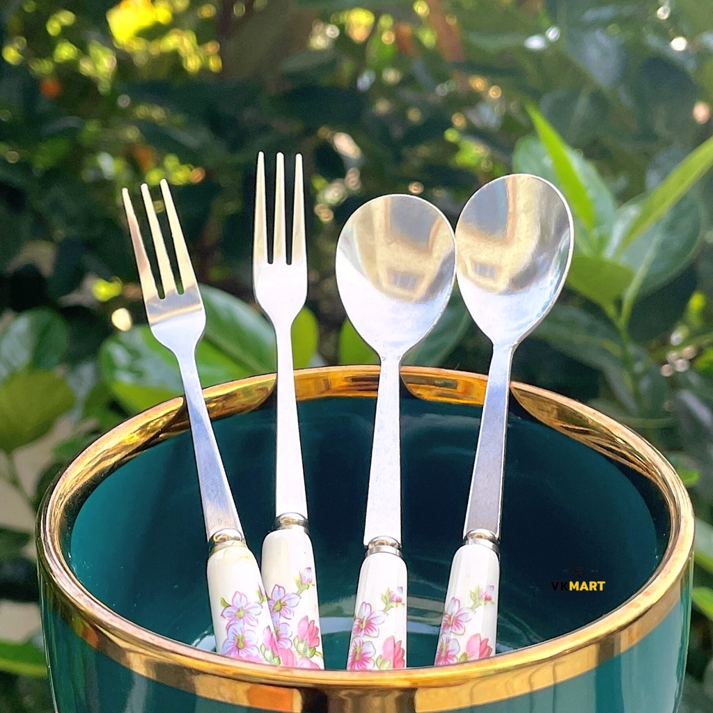 Dĩa ăn hoa quả, trái cây, thìa pha cafe, uống trà, cán sứ nhiều màu sắc VK-0078