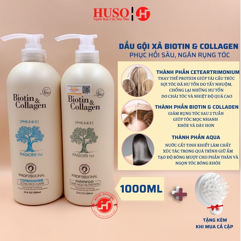 Combo dầu gội Biotin Collagen chống rụng kích thích mọc tóc, phục hồi tóc 1000ml - HUSO