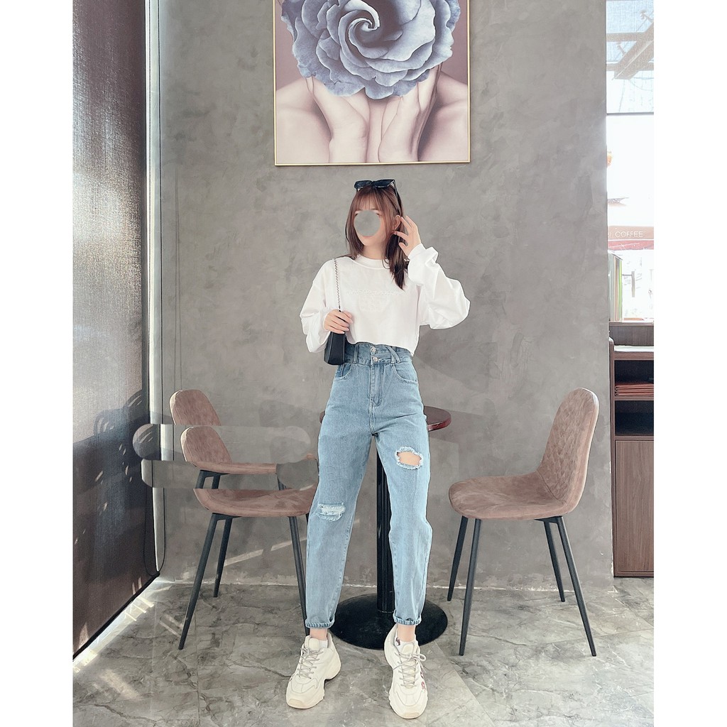 QUẦN BAGGY JEAN NỮ LƯNG RÁCH XẺ NỬA CHÉO RÁCH 2 GỐI TO LAI CUỐN MÀU XANH NHẠT CAO CẤP UTI ĐỦ SIZE S, M, L SIÊU CÁ TÍNH