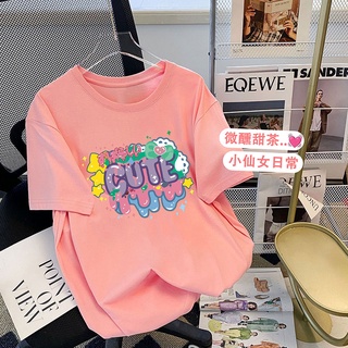 Áo thun Fashmily 100% cotton tay ngắn cổ tròn dáng rộng in họa tiết hoạt hình thời trang mùa hè Hàn Quốc 2022 cho nữ