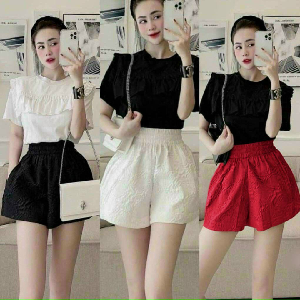 Quần short xòe xốp hoa nổi chun lưng p