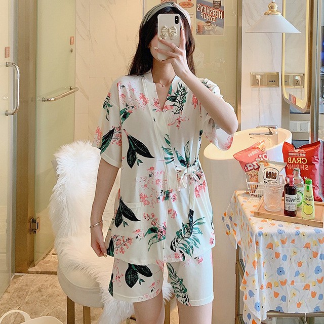 Mẫu mới về Bộ đồ ngủ quần cộc áo yukata đồ mặc nhà Bộ Pijama Nữ Dây Eo Cộc