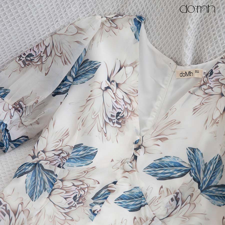 Váy Maxi Hoa Trắng Xanh Tay Bồng, Đầm Tay Ngắn Phối Đuôi Cá Xinh Xắn Mặc Đi Biển Đi Chơi