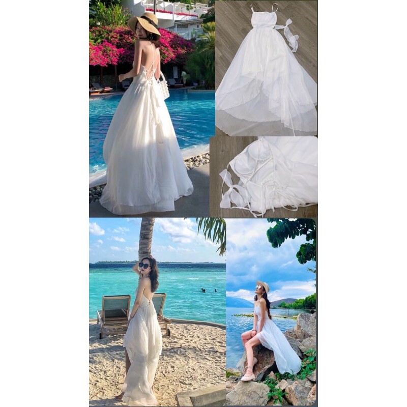[FLASHSALE] Đầm trắng thiết kế xoè tầng cô dâu tiệc prom dạ hội, váy hai dây công chúa du lịch boho (hình thật) | BigBuy360 - bigbuy360.vn