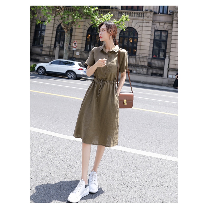 Đầm VÁY SƠ MI dáng suông CỔ ĐỨC 2 túi sườn thiết kế dây RÚT CHUN EO DÁNG VINTAGE