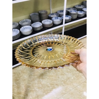 Đĩa thuỷ tinh đựng trái cây màu hổ phách