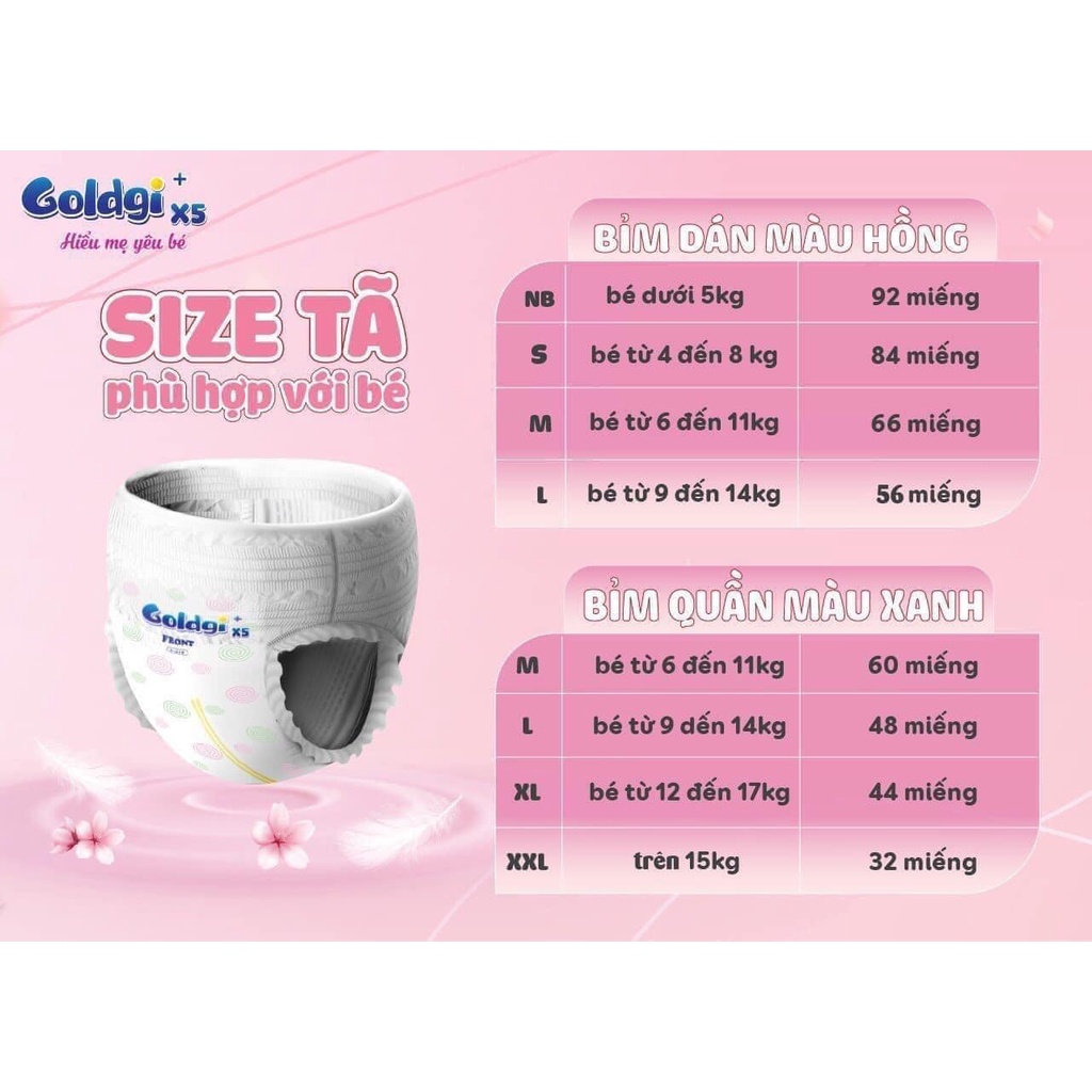 Bỉm dán/quần Goldgi X5 siêu mỏng NB92/S84/M66/M60/L56/L48/XL44/XXL32