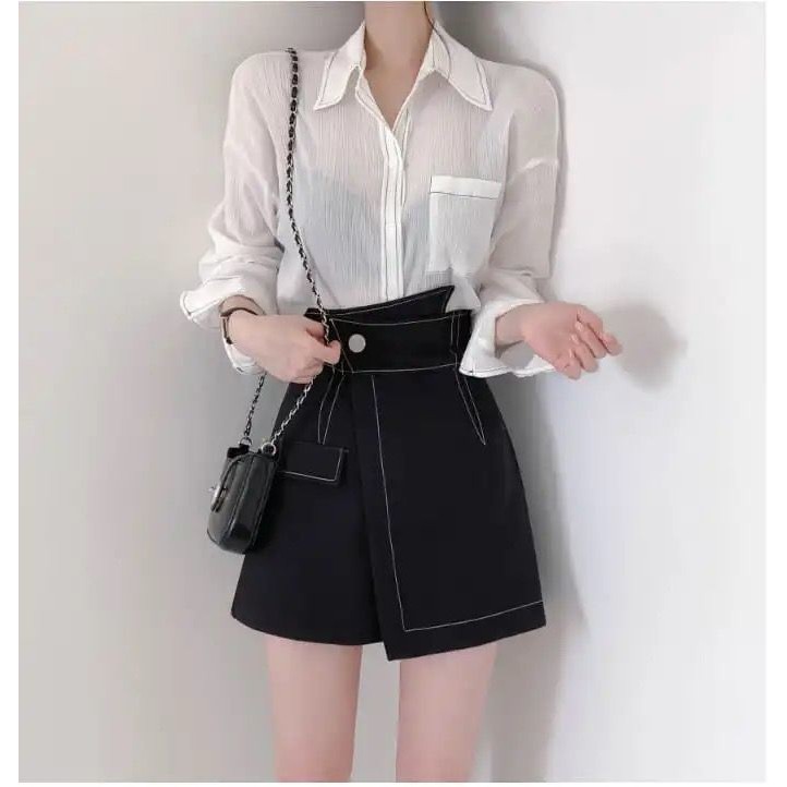 Chân váy chữ a lưng cao vạt chéo chỉ nổi quần nữ công sở màu đen trắng LUZADO QCV06 | BigBuy360 - bigbuy360.vn