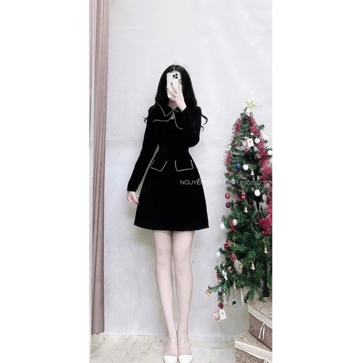 Váy Đen Pha Viền Khoét Ngực Vạt Vai Nắp Túi