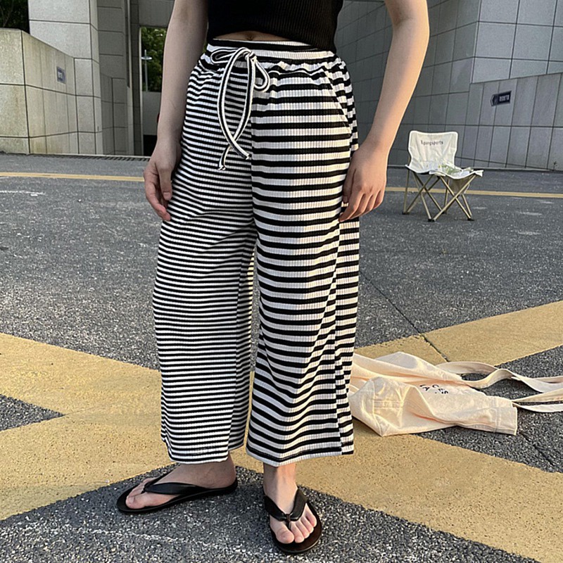 Quần Dài Lưng Thun Dáng Rộng Họa Tiết Kẻ Sọc Thời Trang Mùa Hè Phong Cách Hàn Quốc Cho Bé Gái