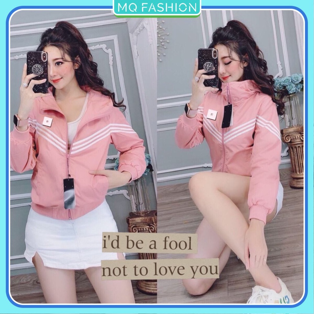 Áo khoác dù nữ có mũ chống nắng form rộng phối 3 sọc viền chữ V ấn tượng MQ Fashion KD10