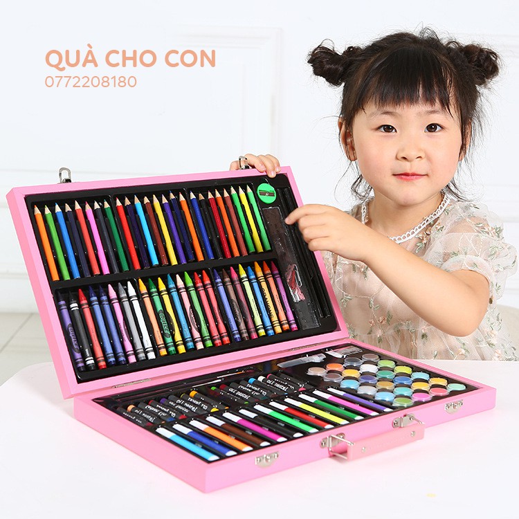 HỘP MÀU VẼ BẰNG GỖ CAO CẤP 130 CHI TIẾT SƠN MÀU NÂU - HỒNG - XANH