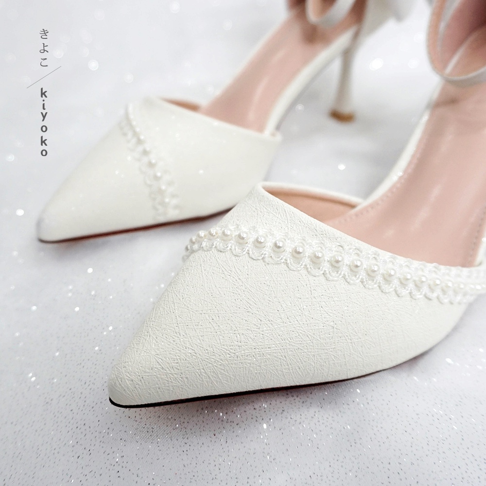 Giày cưới Kiyoko đính viền baby và NƠ SAU GÓT cao 7cm | có quai