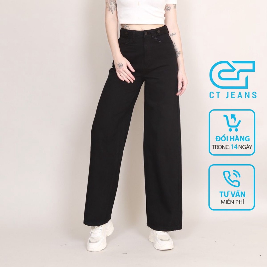 Quần Jean Nữ Ống Rộng Lưng Cao Nhiều Màu Trơn 3 Cúc Gấu Thường CT Jeans