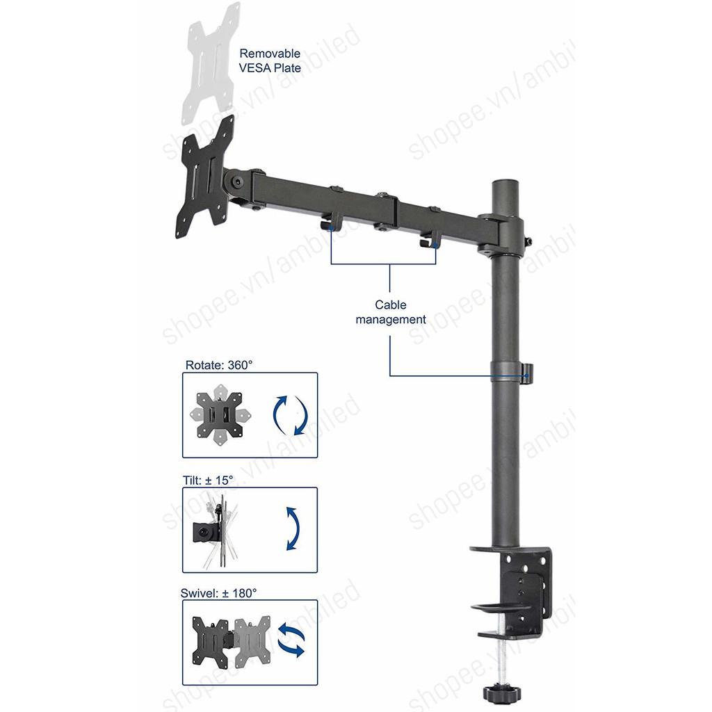 Arm Dual Monitor, giá treo 2 màn hình VIVO, tay kẹp màn hình