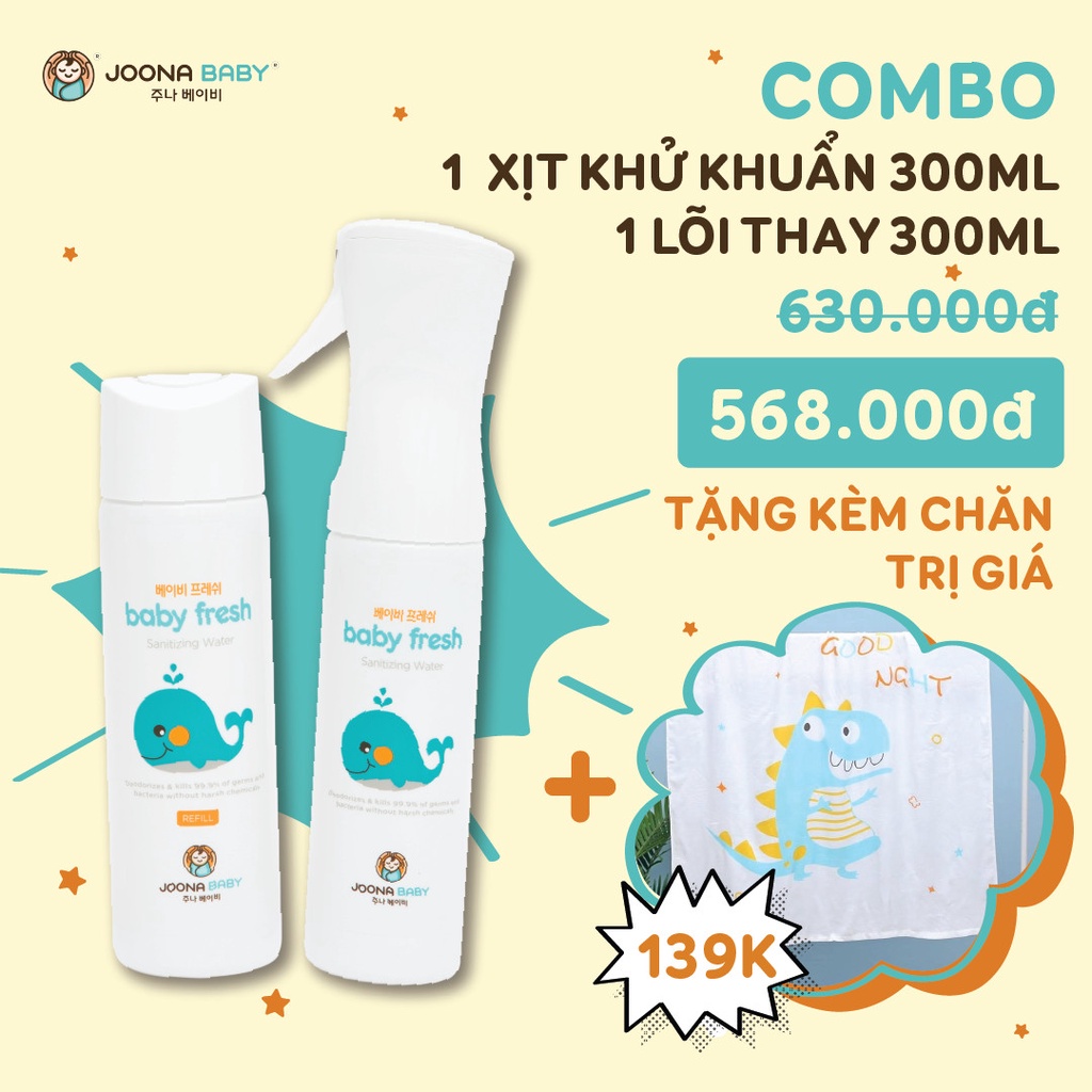 Combo xịt diệt khuẩn, khử mùi 300ml và lõi thay thế to Baby Fresh an toàn cho bé 300ml - JOONA BABY Việt Nam