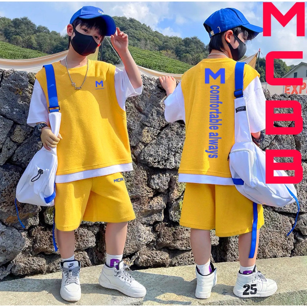 Mcbb 24-49 kg 100% vải cotton đồ bộ bé trai áo phông bé trai cộc tay quần đùi short hiphop bộ quần áo bé trai trẻ em nam