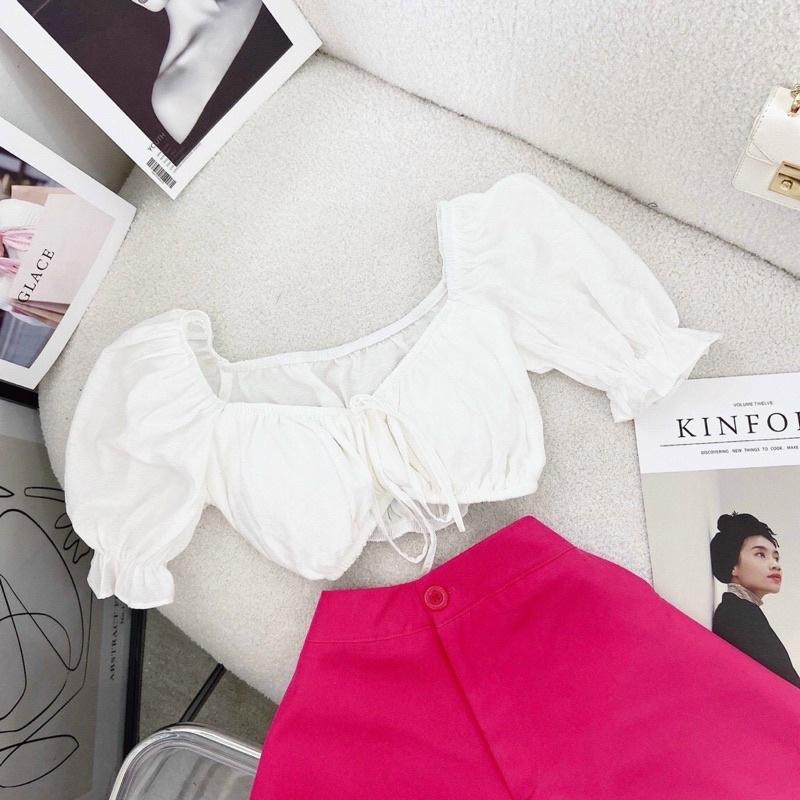 SET CROP TRẮNG NHÍU NGỰC TAY BỒNG + SHORT HỒNG