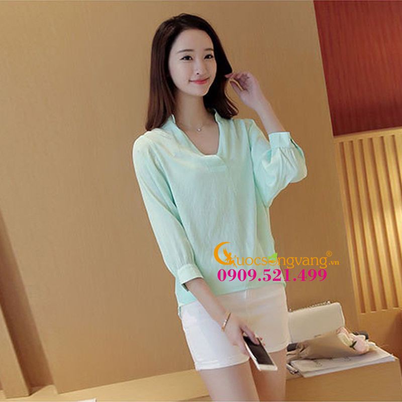 Áo nữ áo kiểu tay lỡ vạt trước ngắn sau đuôi tôm GLA034 xanh ngọc Cuocsongvang