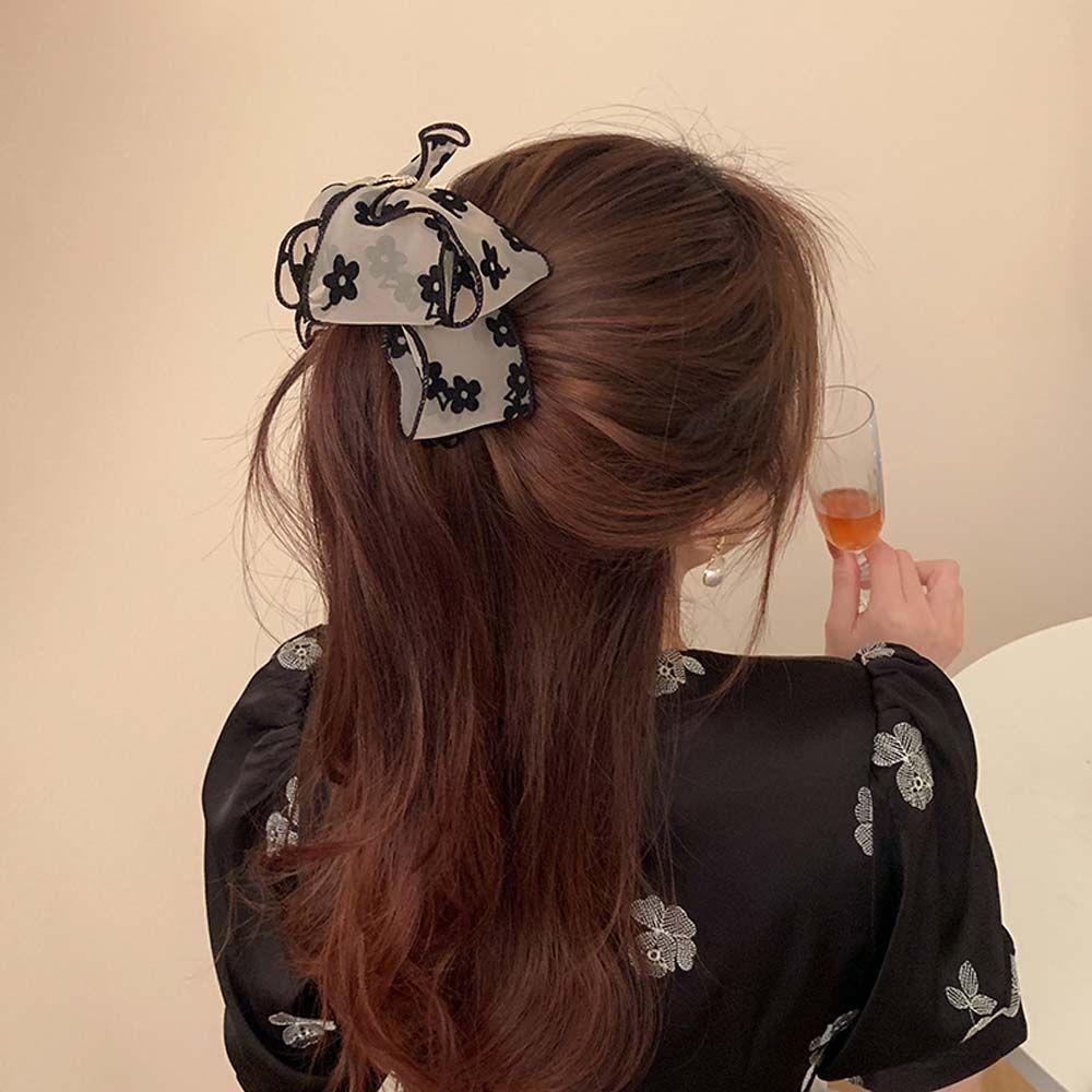 Kẹp Tóc Càng Cua Đính Nơ Lưới Họa Tiết Hoa Phong Cách Vintage Ngọt Ngào Cho Nữ Giá Đỡ