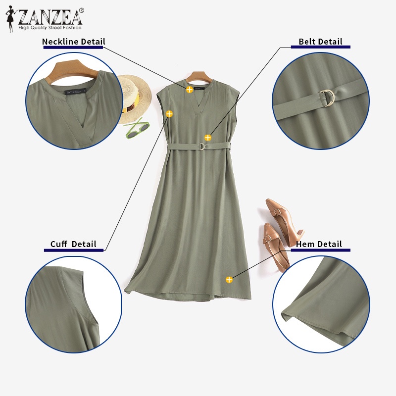 Đầm Dài Cổ V Tay Ngắn Kèm Thắt Lưng Thời Trang Cho Nữ ZANZEA