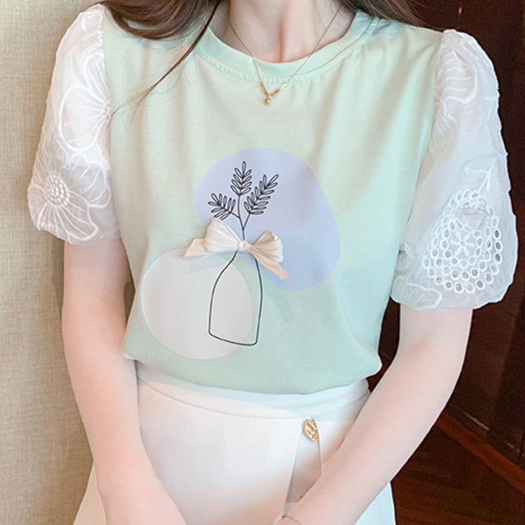 Áo Thun Cotton Mùa Hè Tay Ngắn Phối Ren Đính Nơ Phong Cách Phương Tây Kiểu Mới