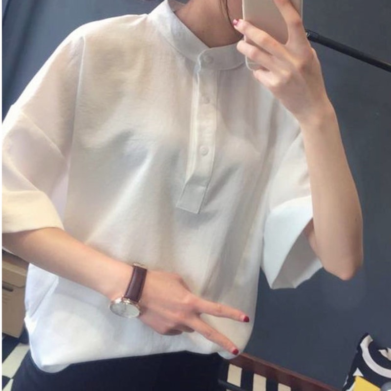 Áo Thun Tay Ngắn Phong Cách Preppy 165214 Áo Thun Cổ Đứng Dáng Rộng Màu Trơn Thời Trang Mùa Hè Dễ Phối Đồ
