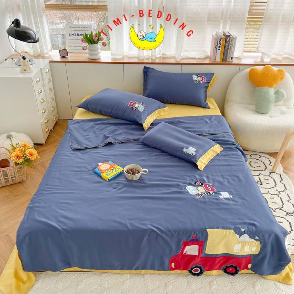 Bộ chăn ga gối tencel họa tiết nhiều màu sắc nhập khẩu cao cấp set 4 món chăn trần – Timibedding