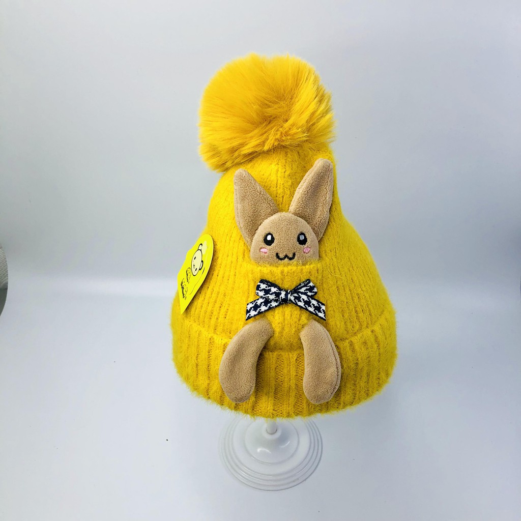 Mũ beanie, nón len cho bé hình thỏ có quả bông cực yêu, siêu ấm áp