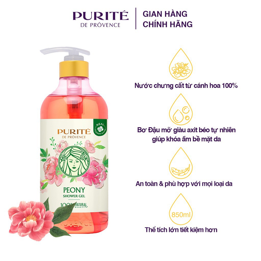 Combo Sữa Tắm Purite Thư Giãn Hoa Mẫu Đơn 850ml + Dầu Gội Purite Óng Mềm Lưu Hương 600ml