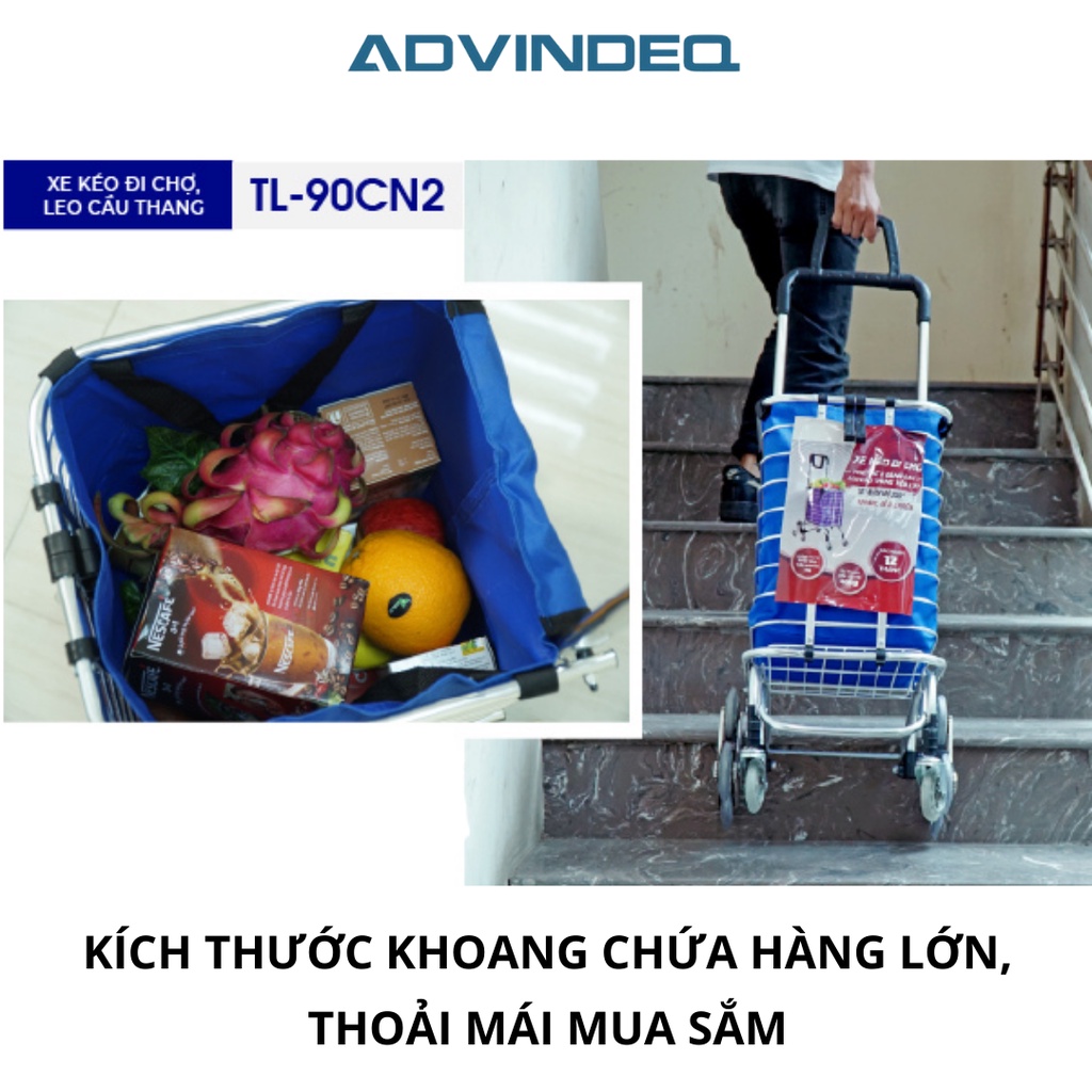 Xe kéo đi chợ, leo cầu thang 8 bánh gấp gọn ADVINDEQ TL-90CN2, tải trọng 60kg, Bảo hành chính hãng 1 năm