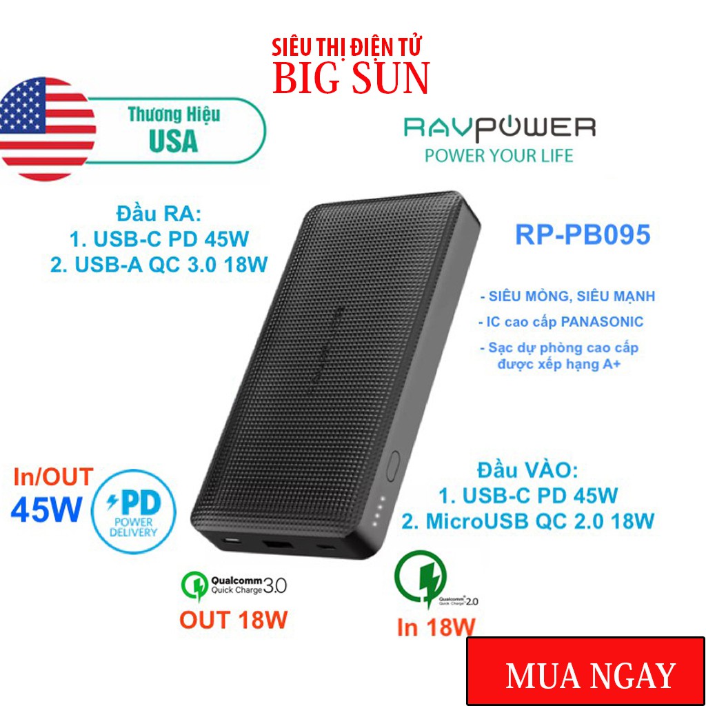 Sạc dự phòng Macbook Air, iPad Pro, iPhone RAVPOWER RP-PB095 20100mAh - PD 45W &amp; QC 3.0 18W