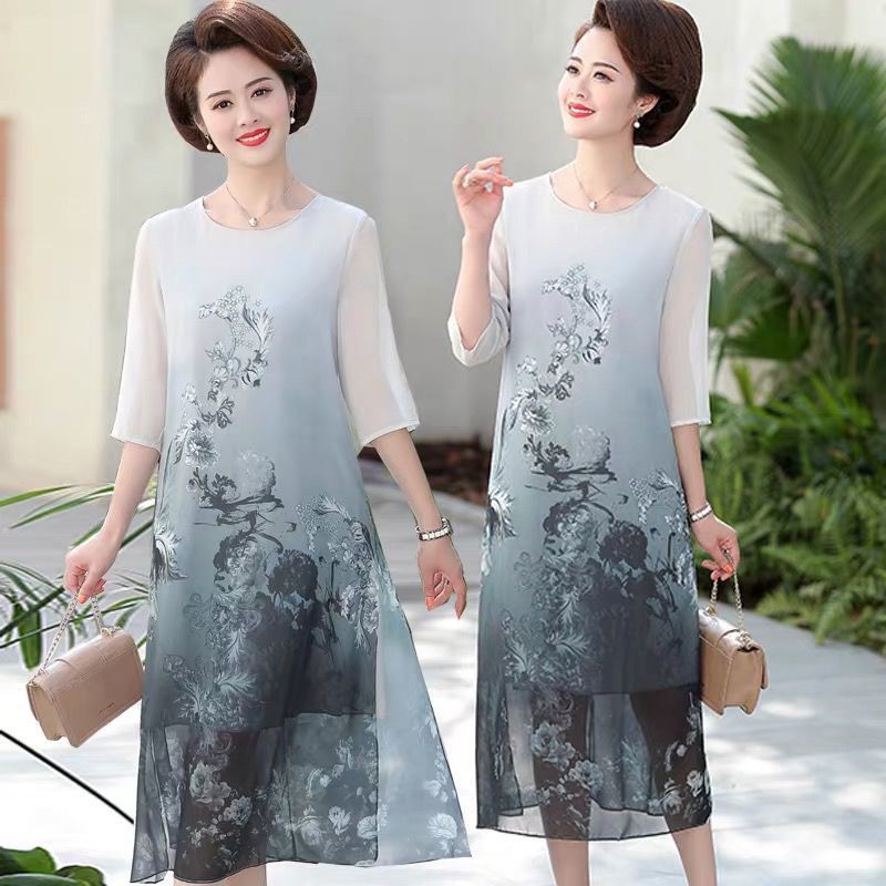 EB●Quần áo trung niên✵Váy ngắn tay cho mẹ mùa hè mẫu mới 2021, voan người niên và già