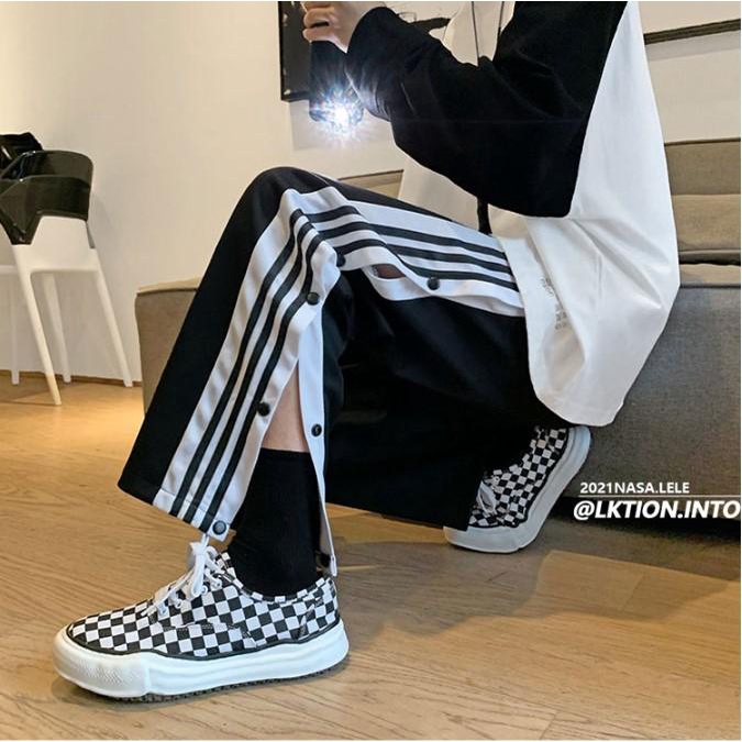 [xả kho] Quần ống rộng suông nam nữ unisex nỉ kẻ sọc khuy bấm Pon.mens hà nội hcm