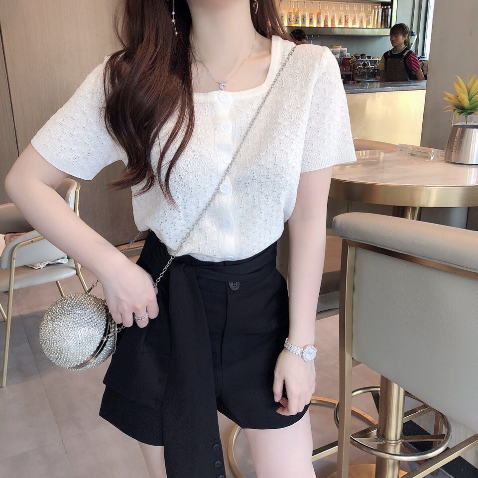 Áo dệt kim ngắn tay màu trơn phối cúc tròn thời trang dành cho nữ