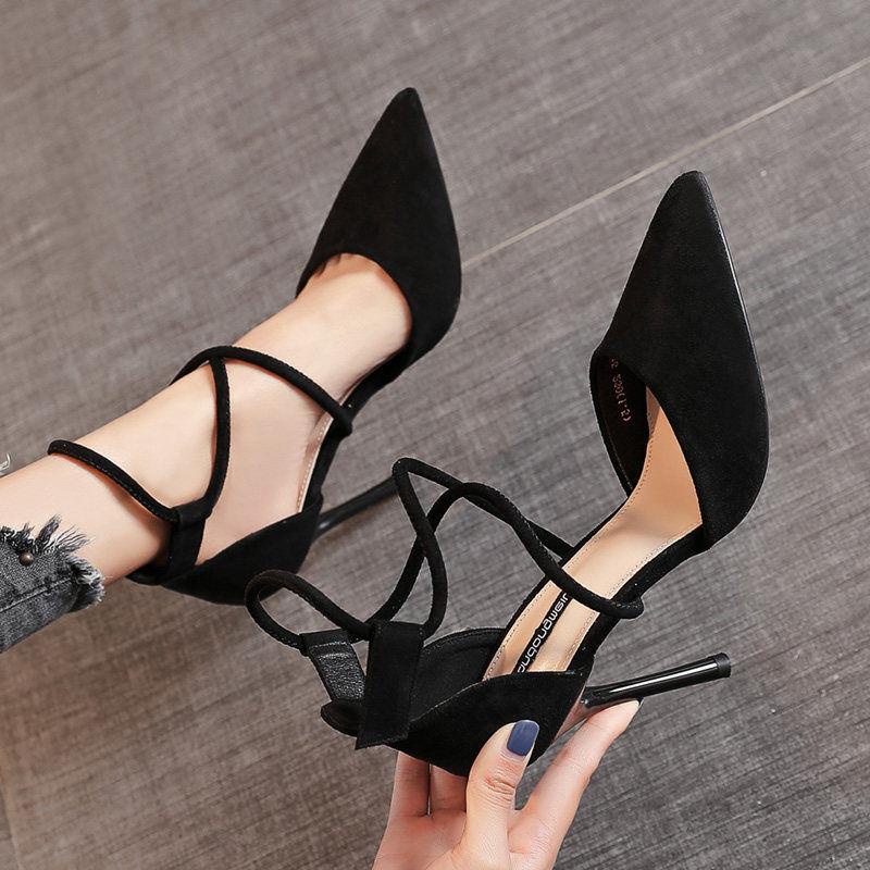Đôi giày cao gót mũi nhọn quai chéo bằng da lộn phong cách Hàn Quốc cho nữ 2021
