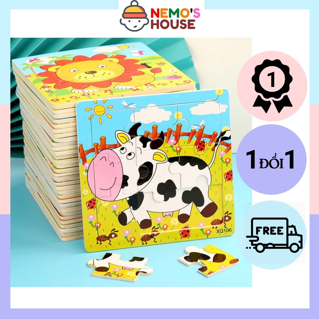 Tranh ghép gỗ xếp hình 2D cho bé, tranh ghép hình nhiều chủ đề, giúp bé phát triển thông minh - loại 9 miếng gỗ ghép