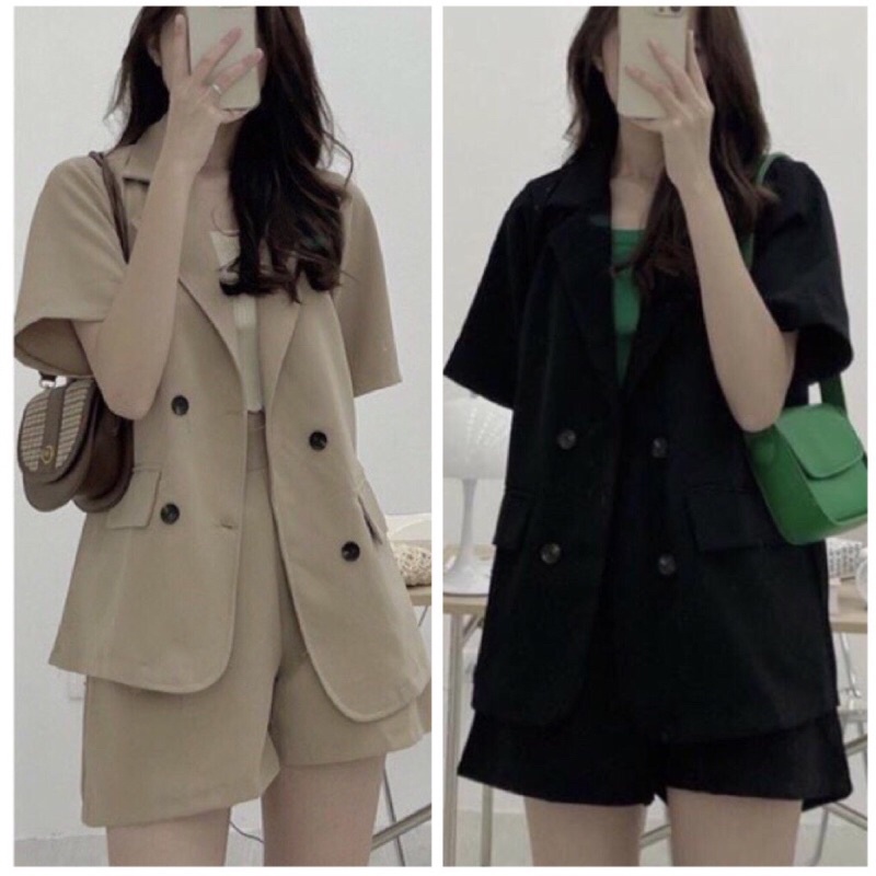 Set Áo Blazer Cộc Tay Kèm Quần Chất Kaki♥️Bộ Vest Cộc Quần Đùi Kiểu Dáng Ulzzang Hot