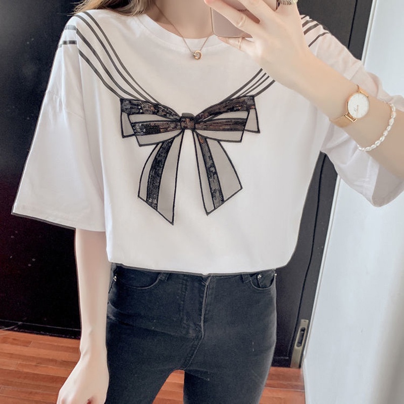 Áo thun IELGY màu trắng/ đen tay ngắn cổ tròn dáng rộng thắt nơ dễ thương cho nữ