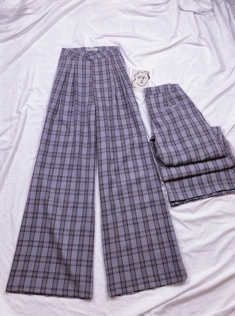 Delys - Quần vải ống xuông rộng (Caro Tím) | BigBuy360 - bigbuy360.vn