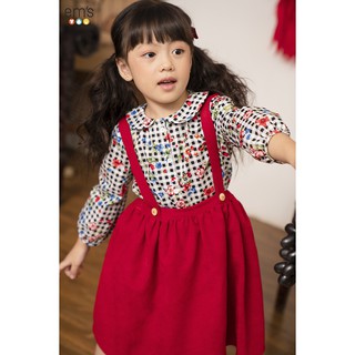 Yếm nhung bé gái, áo kẻ hoa nhí đỏ EM'S