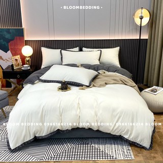 Set Chăn Ga Gối Cotton Tici Viền Bèo 4 Món - Trắng phối ghi (Hàng loại 1)