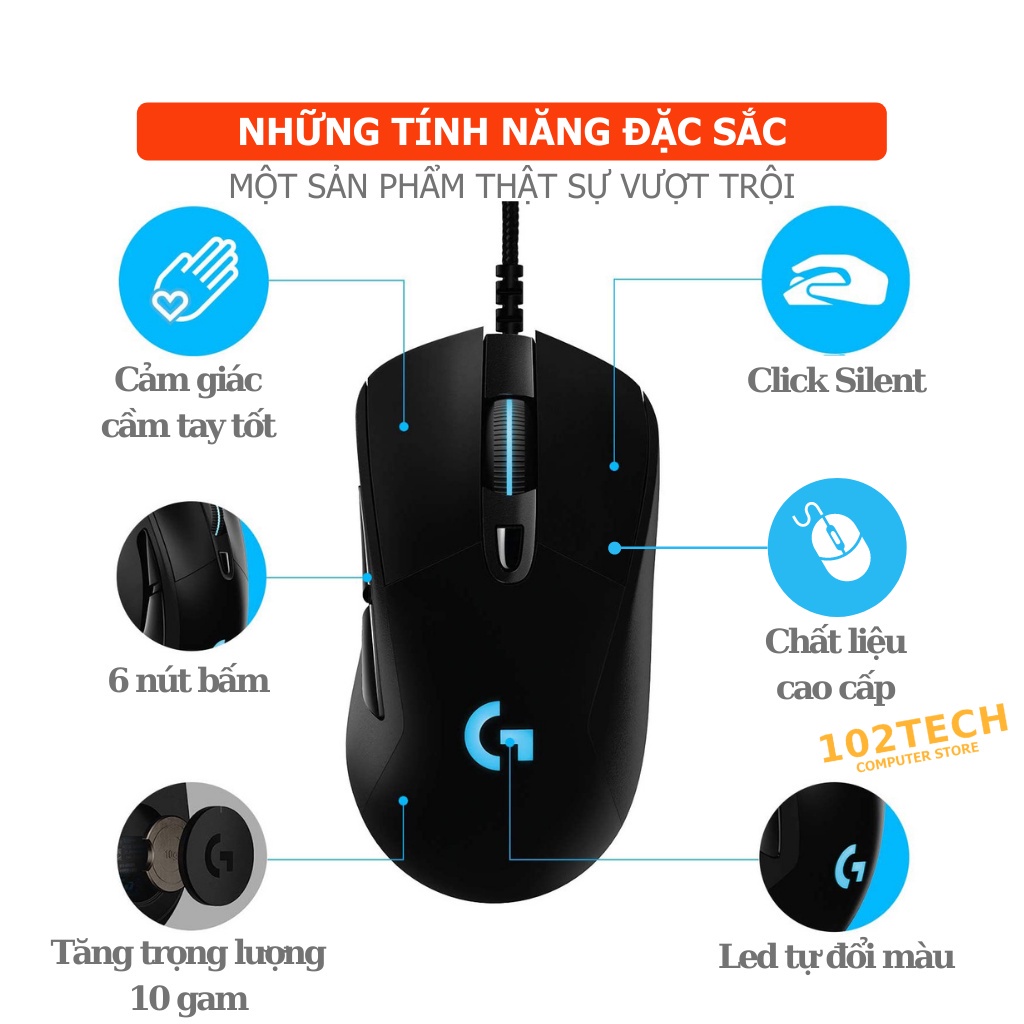 Chuột Máy Tính Gaming RGB Logitech G403 Có Dây, Chức Năng Click Chống Ồn, Chuyên Chơi Game LED Đẹp, Công Thái Học