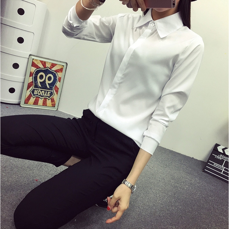 Áo sơ mi dài tay chất cotton trắng trơn thời trang Hàn Quốc cho nữ cỡ s-2xl