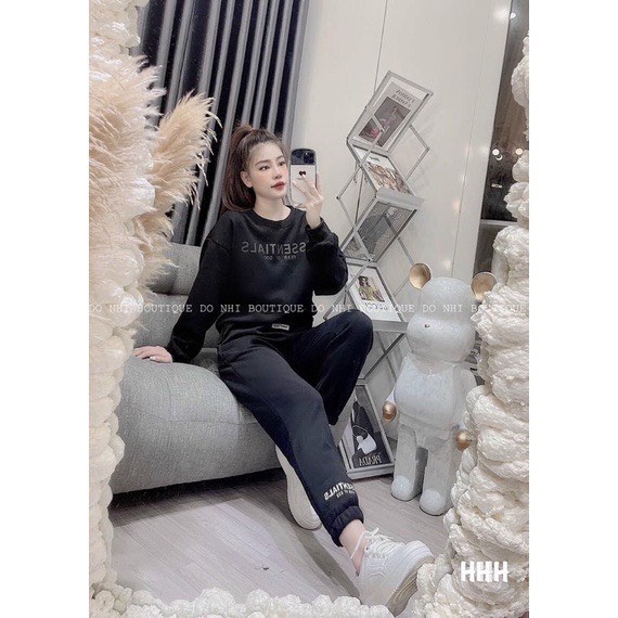 Bộ nỉ nữ thu đông Ess cao cấp Set bộ quần chun ống bo gấu kèm áo sweater in hình đẹp phong cách đường phố ulzzang Ailee