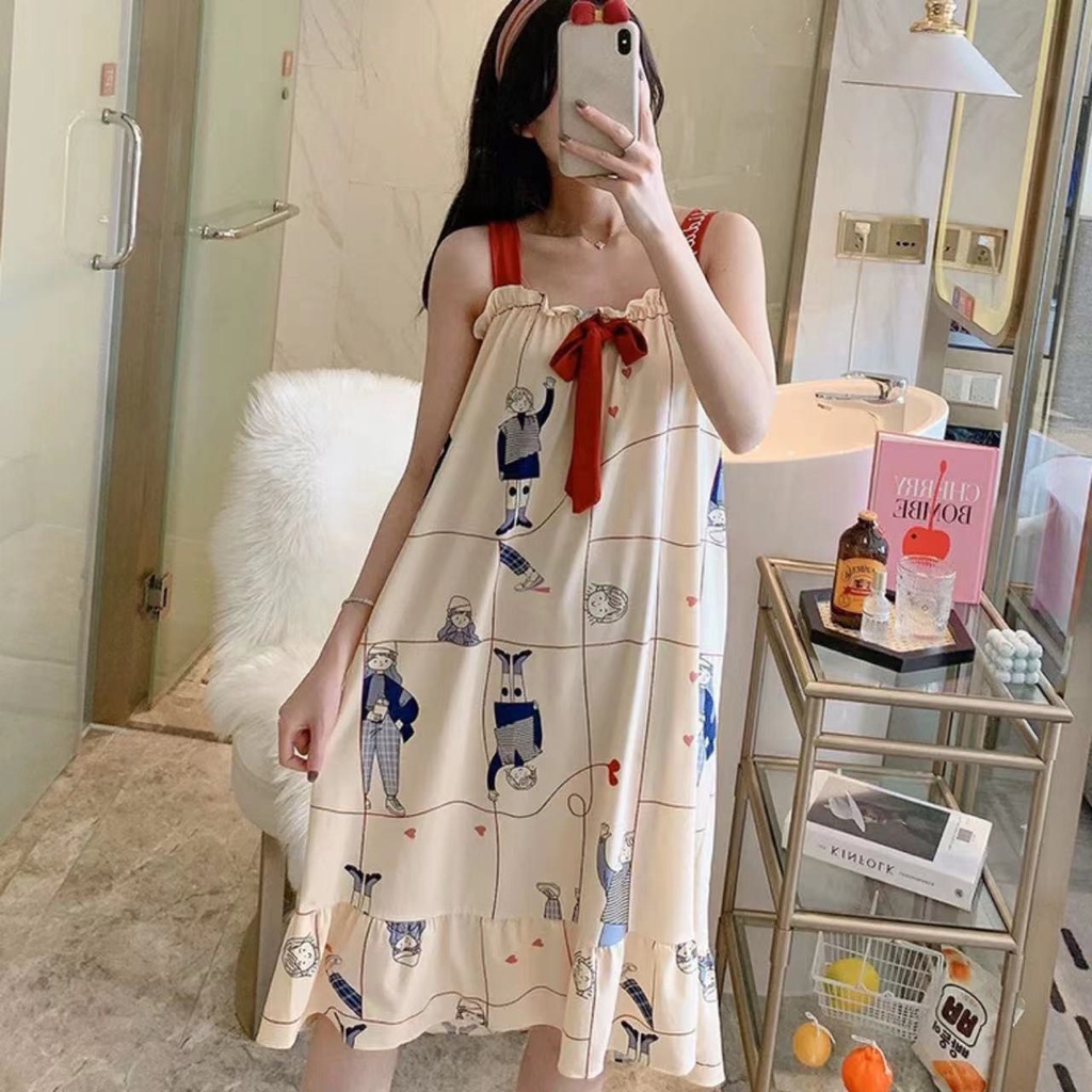 Váy Ngủ Nữ 2 Dây Đính Nơ Họa Tiết In Cute Chất Thun Sữa - Hàng Quảng Châu Cao Cấp