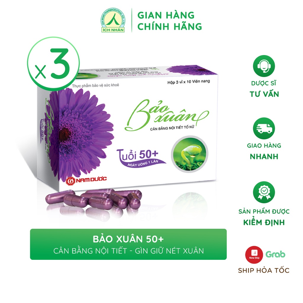 Combo 3 hộp viên uống Bảo Xuân 50+ giúp bổ sung nội tiết tố nữ, làm chậm lão hoá, giảm bốc hoả, cáu gắt 30 viên/hộp