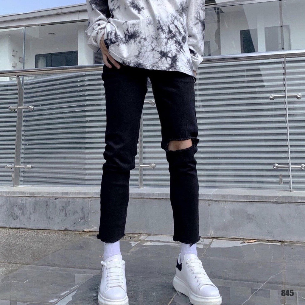 [Tiền Nào Của Đấy] Quần Jean Nam Rách Gối Một Bên Hình Vuông Phong Cách Hàn Quốc Hot Trend Cho Hè 2020-J05