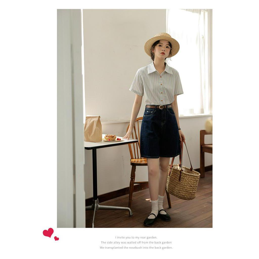 Áo Sơ Mi Kẻ Sọc Dáng Rộng Ngắn Tay Thời Trang Sành Điệu 63205